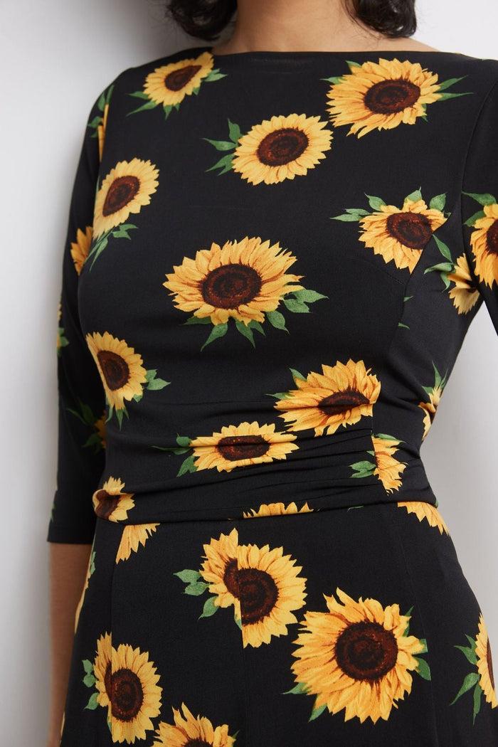 Rekucci Flared Business Dress With 3/4 Sleeves Black/gold-sunflower