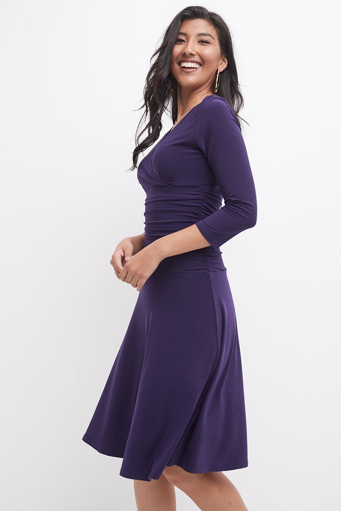 Rekucci Form-fitting 3/4 Sleeve Dress With Ruching Aubergine
