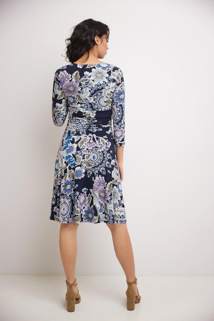 Rekucci Form-fitting 3/4 Sleeve Dress With Ruching Blue-floral