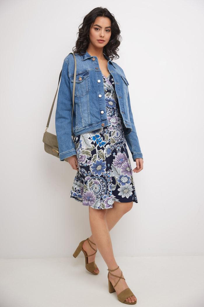 rekucci Form-fitting 3/4 Sleeve Dress with Ruching blue-floral