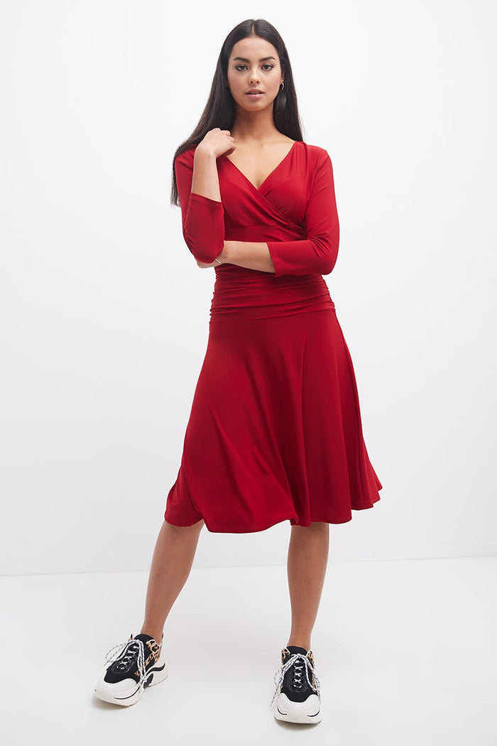 rekucci Form-fitting 3/4 Sleeve Dress with Ruching cherry