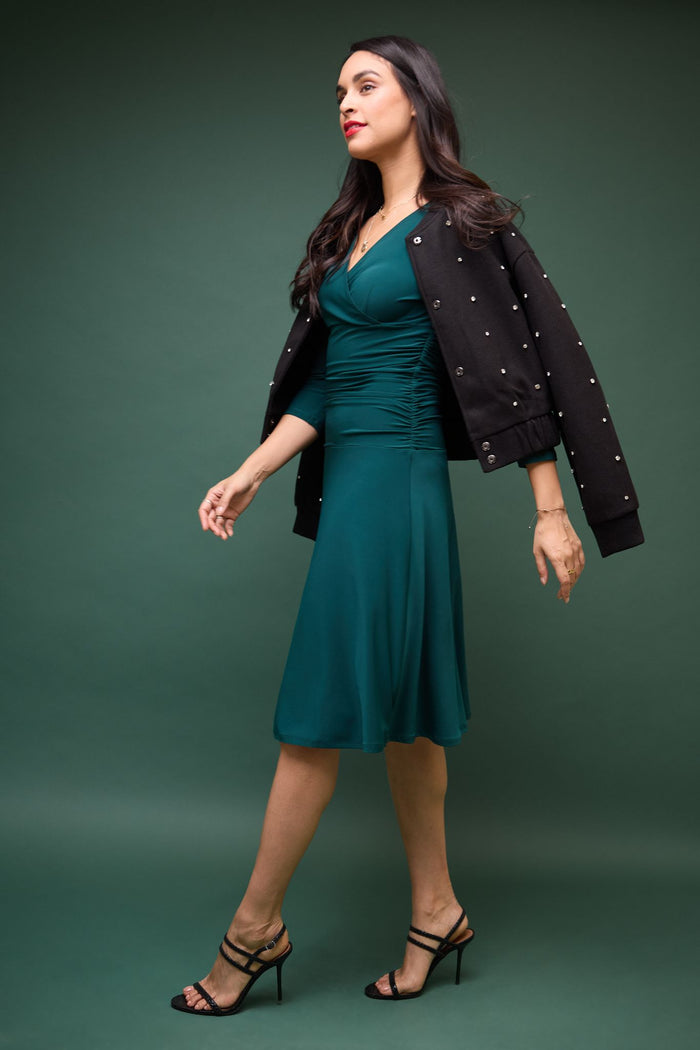 Rekucci Form-fitting 3/4 Sleeve Dress With Ruching Hunter-green