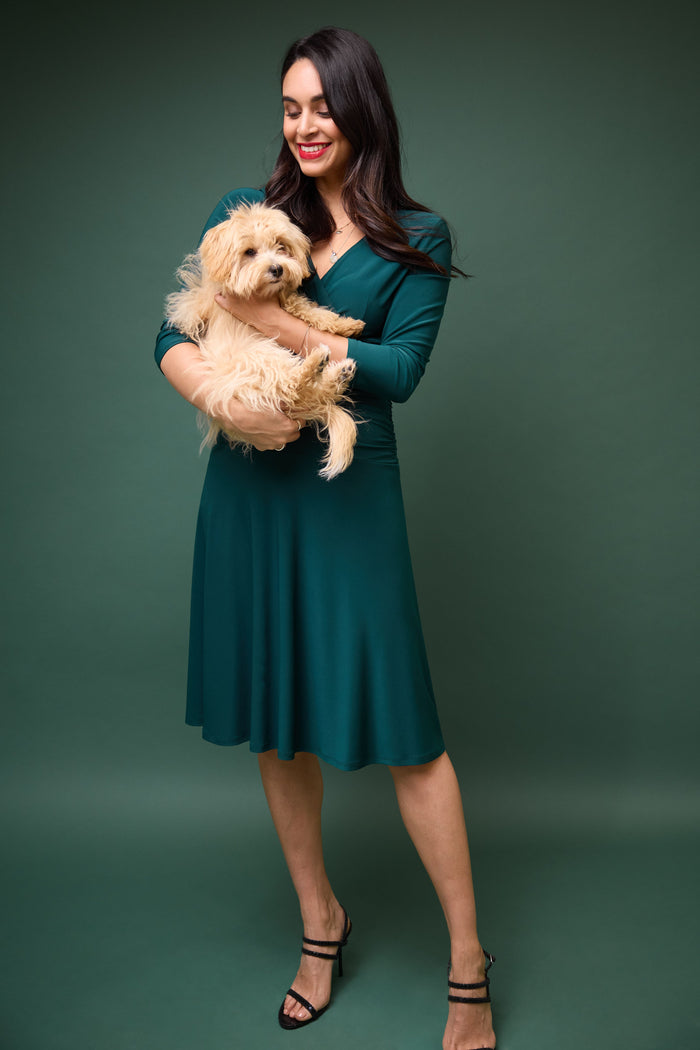 rekucci Form-fitting 3/4 Sleeve Dress with Ruching hunter-green