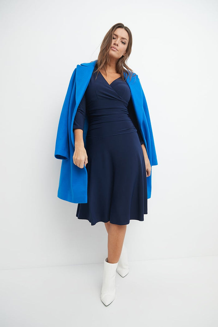 Rekucci Form-fitting 3/4 Sleeve Dress With Ruching Navy