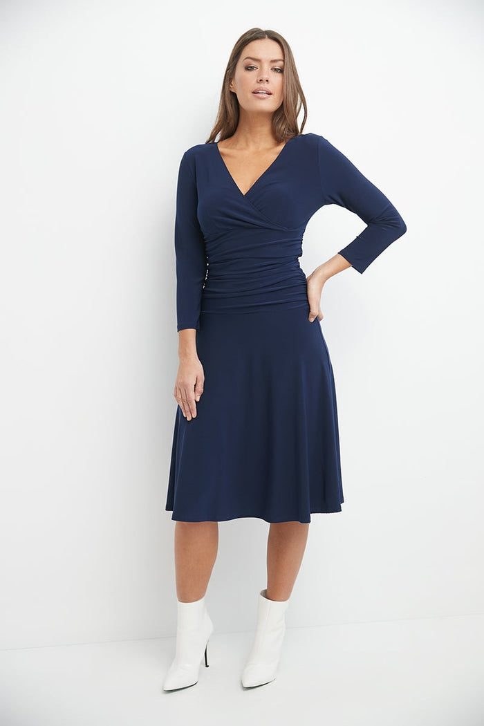Rekucci Form-fitting 3/4 Sleeve Dress With Ruching Navy