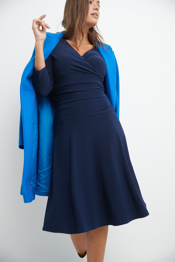rekucci Form-fitting 3/4 Sleeve Dress with Ruching navy