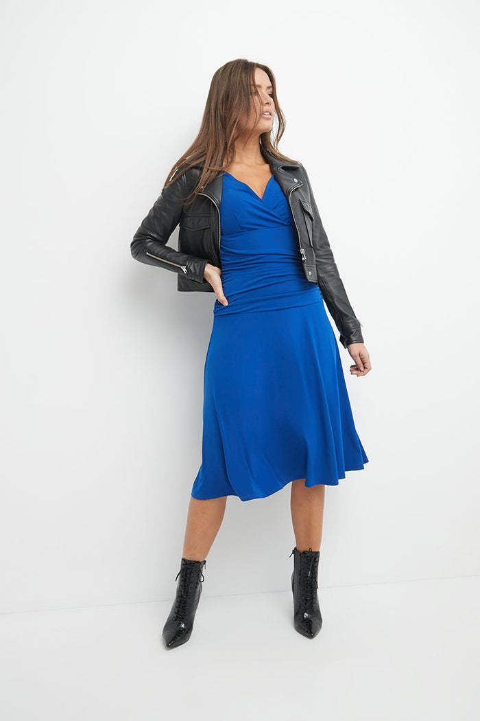Rekucci Form-fitting 3/4 Sleeve Dress With Ruching Sapphire