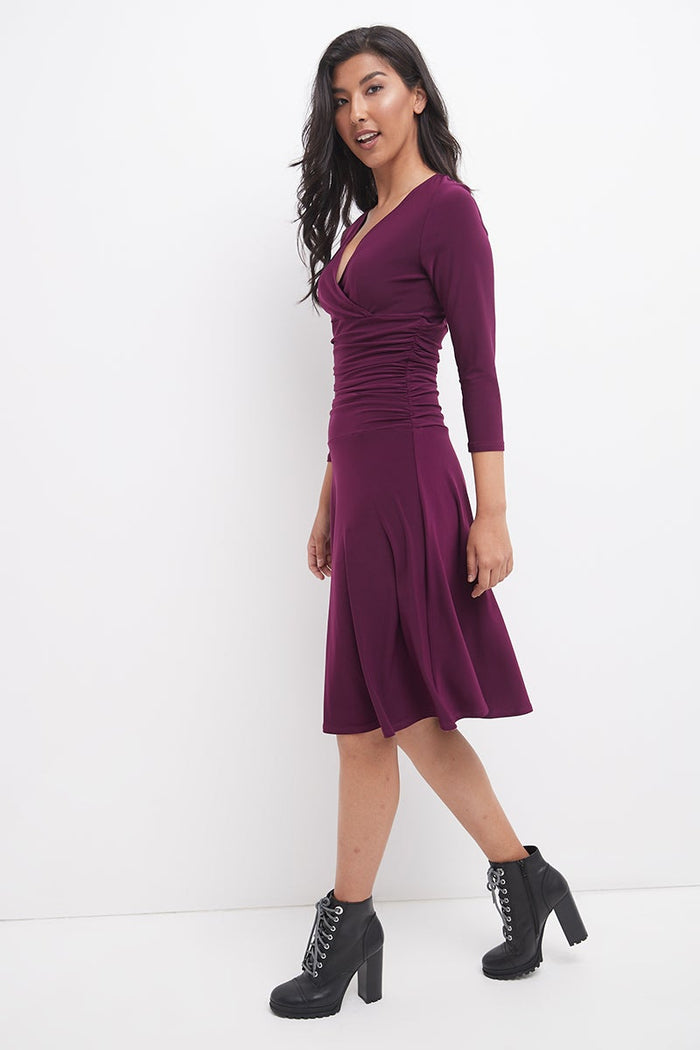 Rekucci Form-fitting 3/4 Sleeve Dress With Ruching Wine