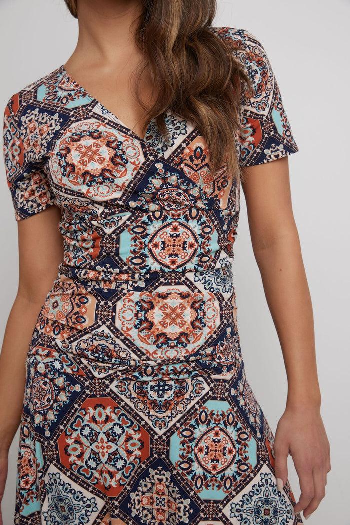 Rekucci Form-fitting Short Sleeve Dress With Ruching Boho-tile