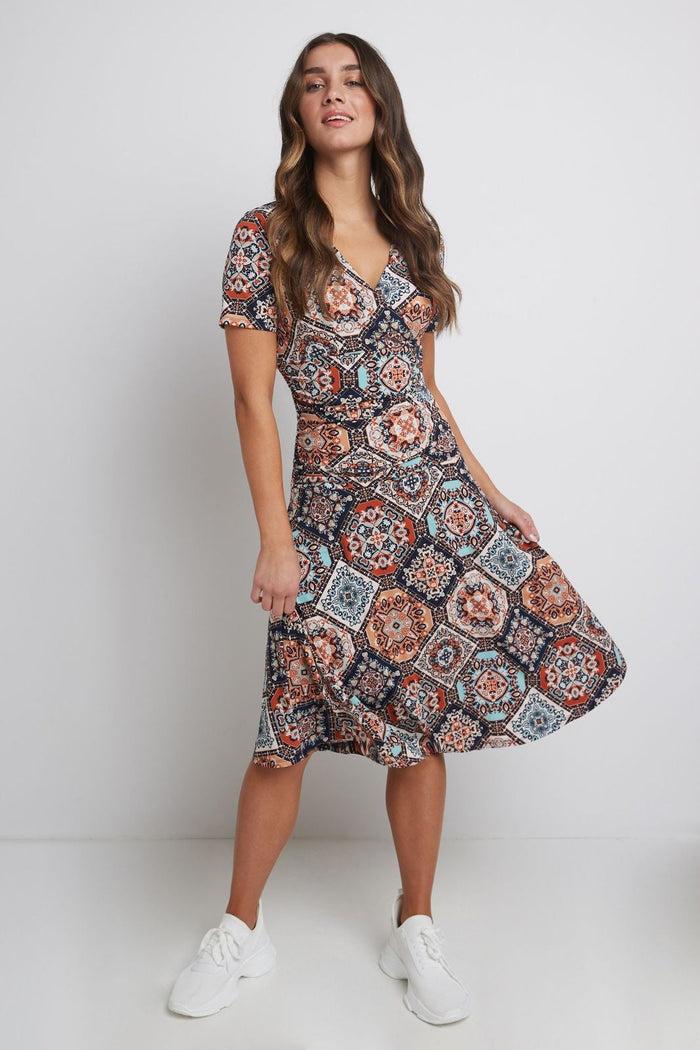 Rekucci Form-fitting Short Sleeve Dress With Ruching Boho-tile