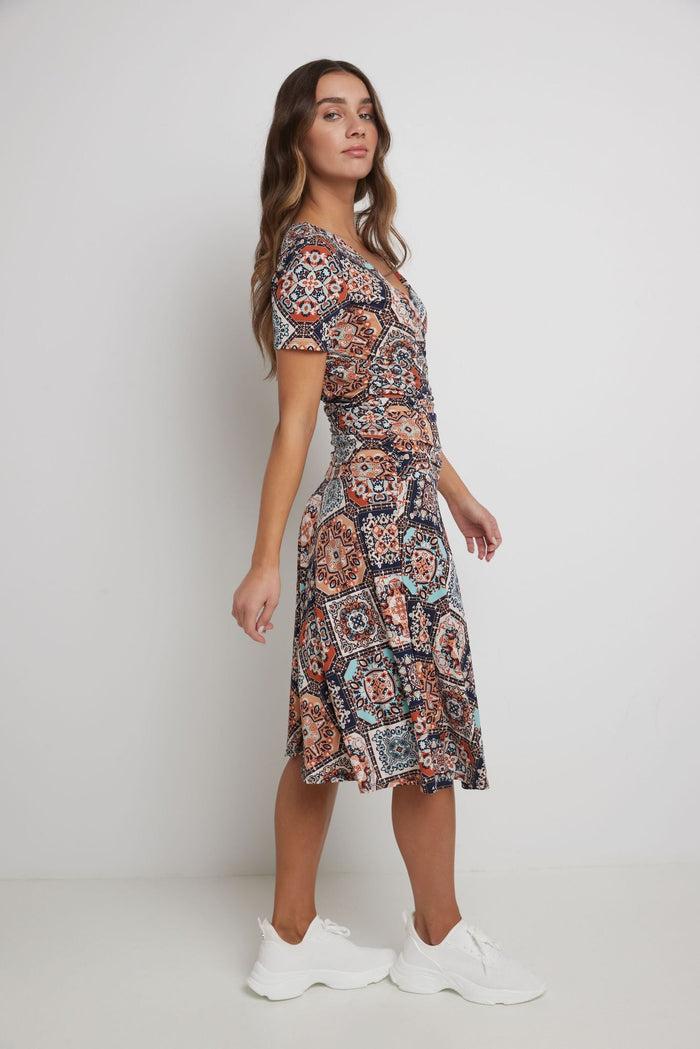 rekucci Form-fitting Short Sleeve Dress with Ruching boho-tile