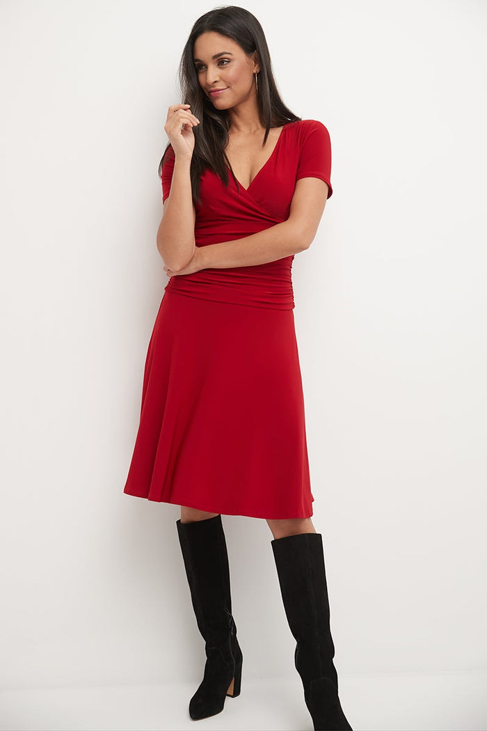 rekucci Form-fitting Short Sleeve Dress with Ruching cherry