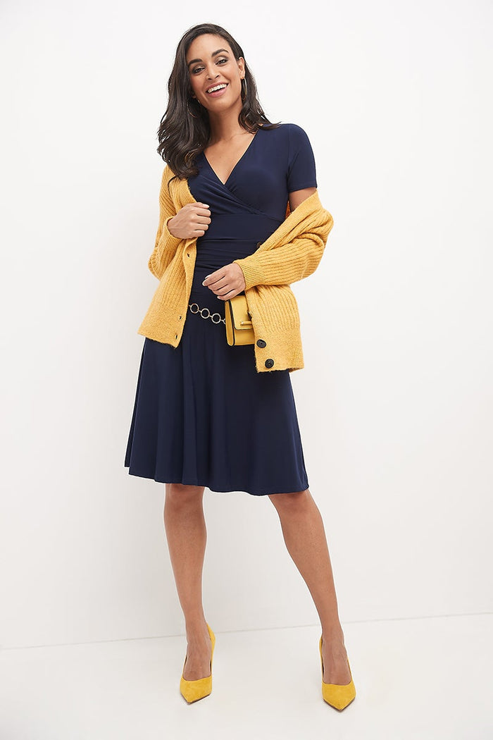 rekucci Form-fitting Short Sleeve Dress with Ruching navy
