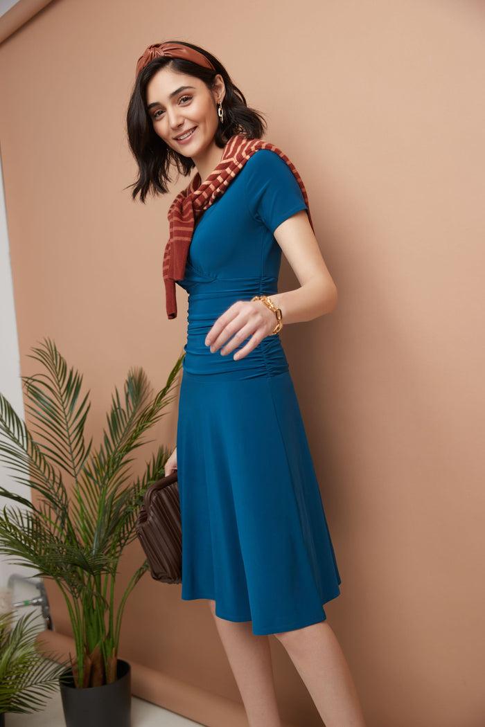 rekucci Form-fitting Short Sleeve Dress with Ruching teal
