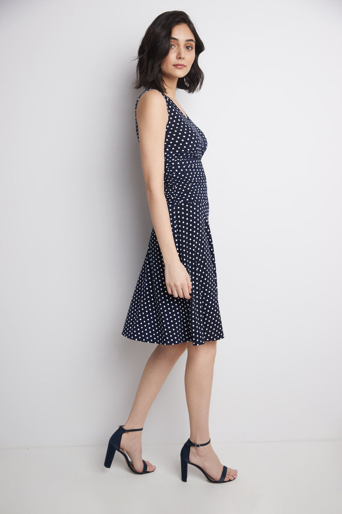 Rekucci Form-Fitting Sleeveless Dress With Tummy Control Navy-white-dot