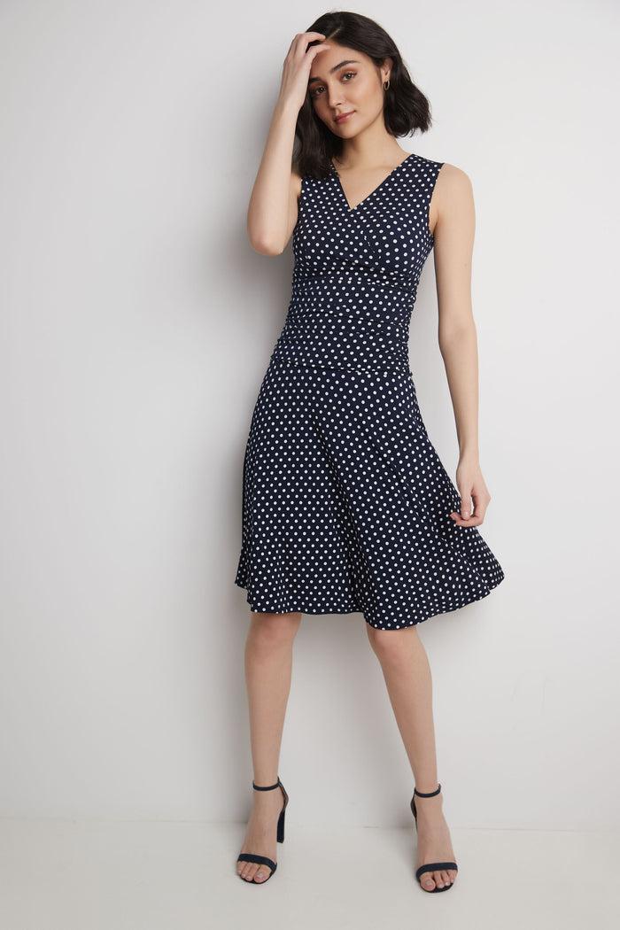 rekucci Form-Fitting Sleeveless Dress with Tummy Control navy-white-dot