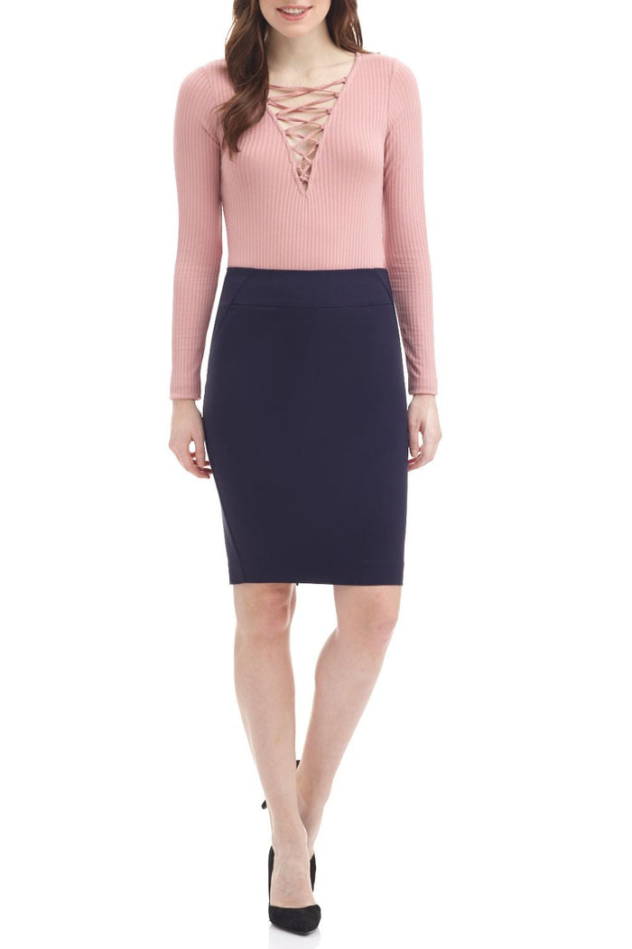 rekucci Midi Pencil Skirt with Pull-on Style Design navy