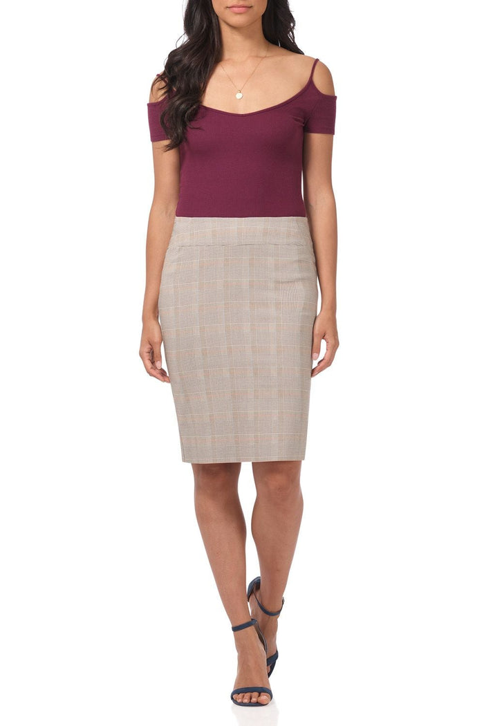 Rekucci Midi Pencil Skirt With Pull-on Style Design Warm-beige-plaid