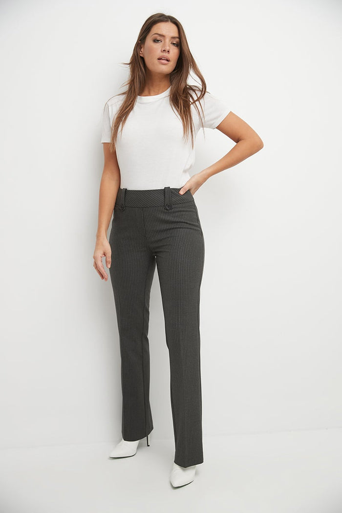 rekucci Pull-on Bootcut Trousers with Belt Loops & Tummy Control dark-charcoal-stripe