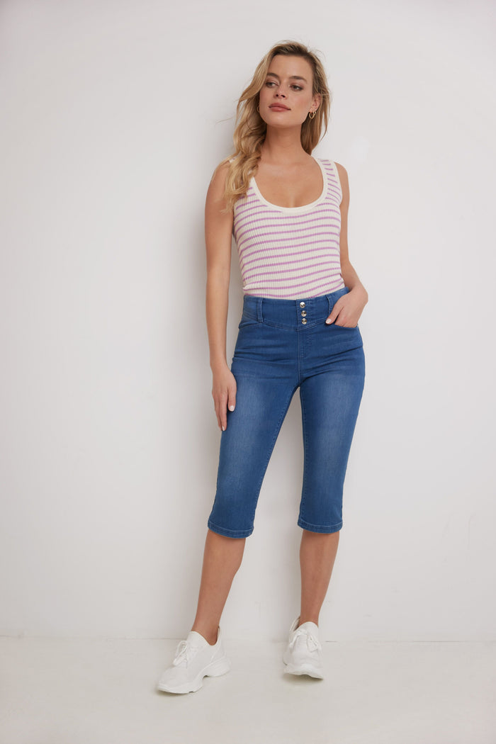 Rekucci Rekucci Women's Comfort Jean Capri With Snap Detail Malibu-sandblast