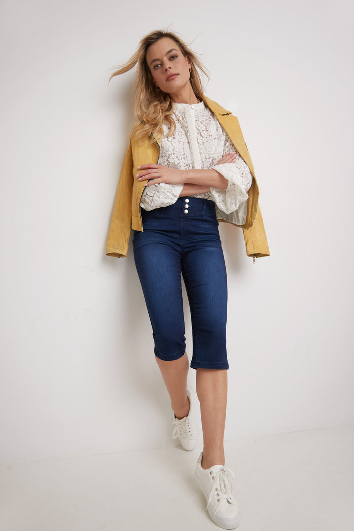 Rekucci Rekucci Women's Comfort Jean Capri With Snap Detail Ink-sandblast