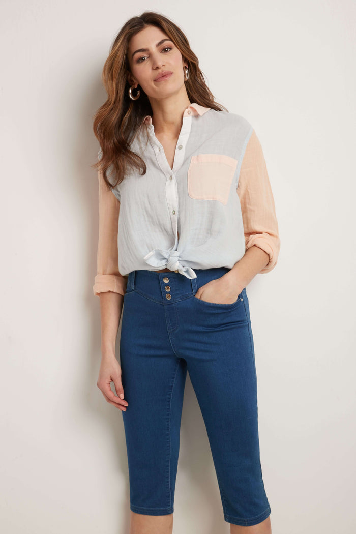 rekucci Rekucci Women's Comfort Jean Capri with Snap Detail malibu-solid