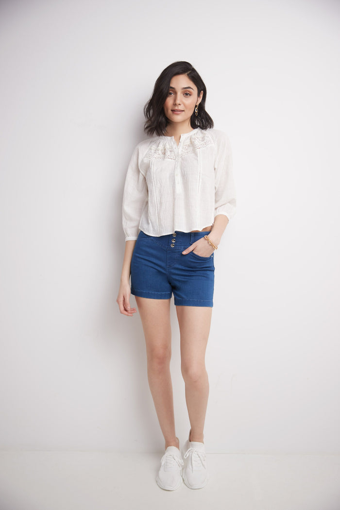 Rekucci Rekucci Women's Slimming 5 Inch Jean Short With Snap Detail Malibu-solid