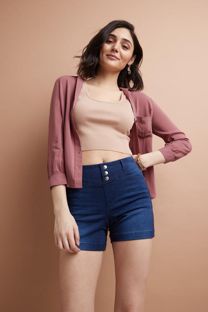 Rekucci Rekucci Women's Slimming 5 Inch Jean Short With Snap Detail Ink-sandblast