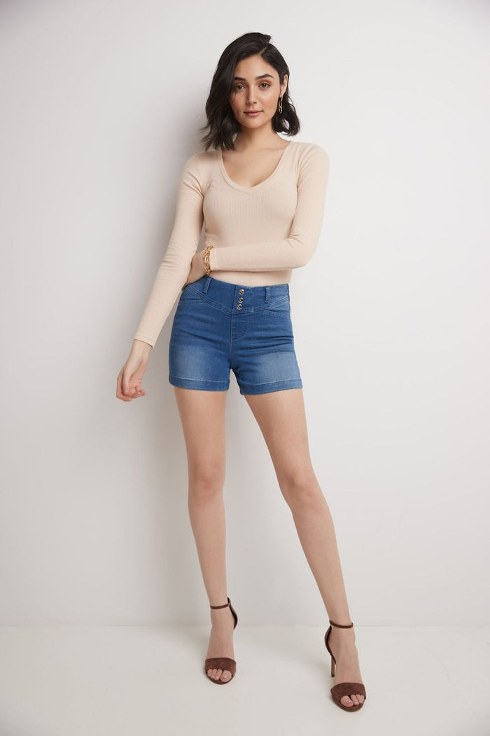 rekucci Rekucci Women's Slimming 5 inch Jean Short with Snap Detail malibu-sandblast