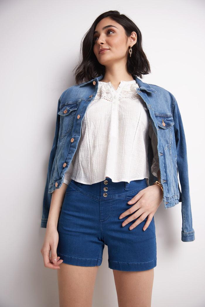 rekucci Rekucci Women's Slimming 5 inch Jean Short with Snap Detail malibu-solid