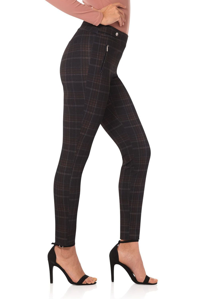 Rekucci Secret Figure Pull-on Knit Pants With A Skinny Silhouette Black/hazelnut-plaid