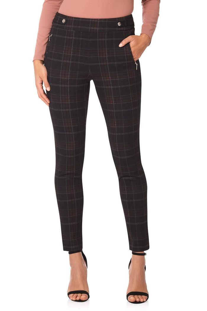 rekucci Secret Figure Pull-on Knit Pants with a Skinny Silhouette black/hazelnut-plaid