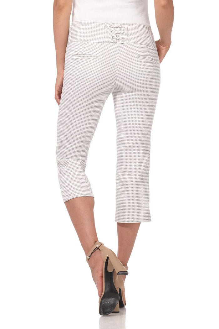 rekucci Slimming Capris with Wide Waist and Back Lacing beige/white-gingham