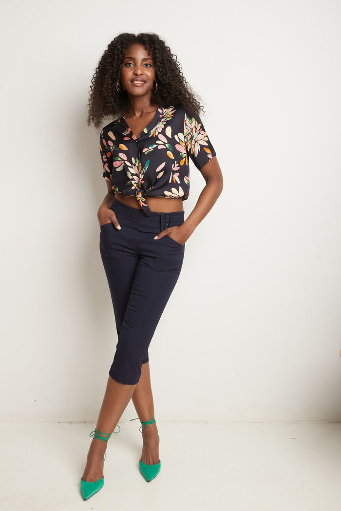 rekucci Slimming Capris with Wide Waist and Back Lacing navy