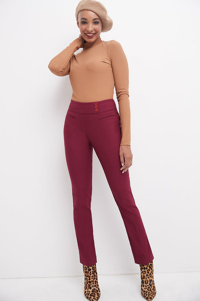 Rekucci Straight Classic Pants With Tummy Control And Pockets Burgundy
