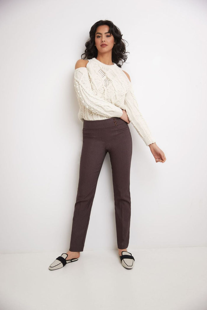 rekucci Straight classic pants with tummy control and pockets heather-brown