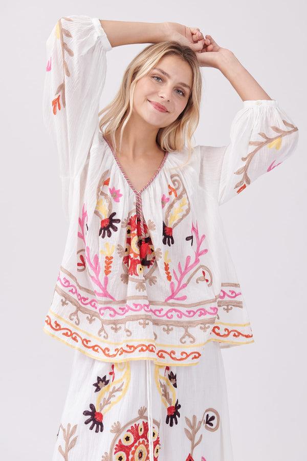 Rene Derhy Blouse Ample Brodée Col V Manches Longues OBJECTIF