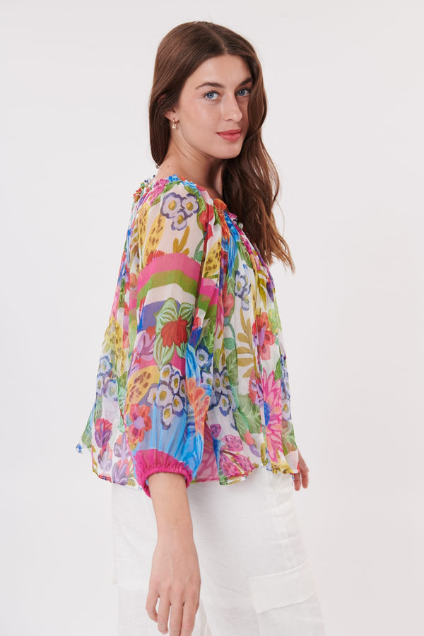 Rene Derhy Blouse Ample En Chiffon Imprimée Col Rond ROSSIGNOL