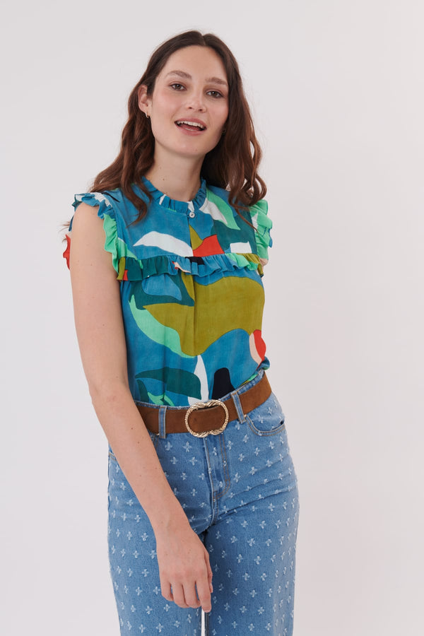 Rene Derhy Blouse Imprimée à Volants Sans Manches RESULTAT