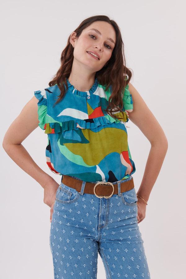 Rene Derhy Blouse Imprimée à Volants Sans Manches RESULTAT