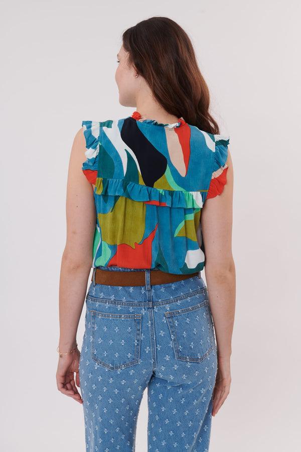 Rene Derhy Blouse Imprimée à Volants Sans Manches RESULTAT