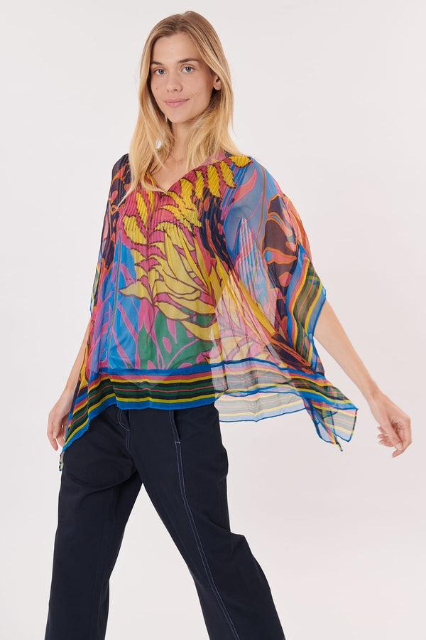 Rene Derhy Blouse Poncho Imprimée Manches 3/4 Col Rond ROSE