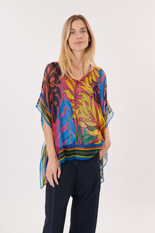 rene derhy Blouse poncho imprimée manches 3/4 col rond ROSE