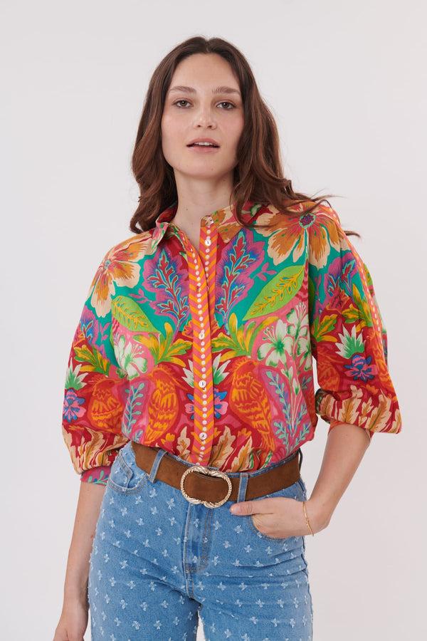 rene derhy Chemise imprimée en coton manches 3/4 REGLISSE