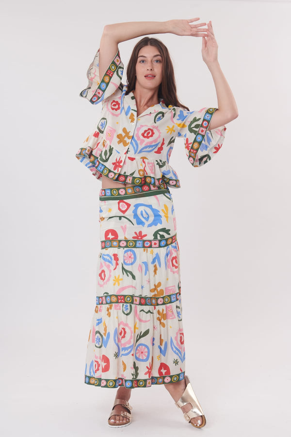 rene derhy Jupe longue imprimée abstrait à volants VASTIE