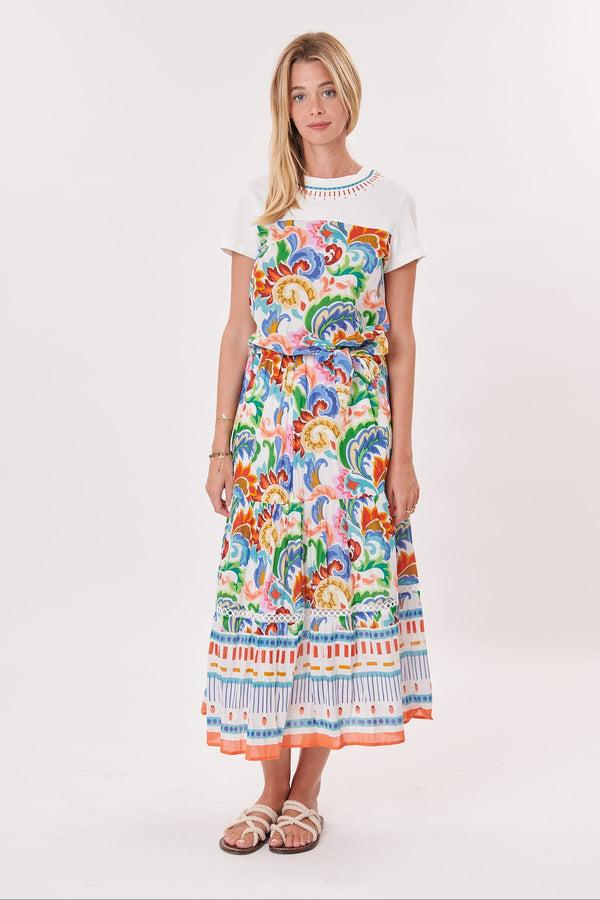 rene derhy Jupe longue imprimée en coton et dentelle VICKIE