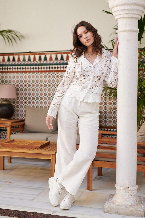 rene derhy Pantalon uni ample à pinces en lin PALATINE