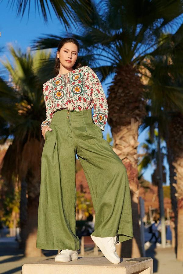 rene derhy Pantalon uni ample à pinces taille mi-haute PAZ