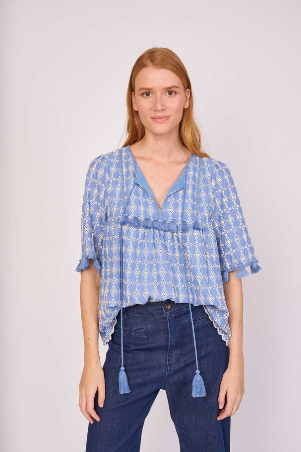 rene derhy Blouse ample en coton uni rebrodé EDINA