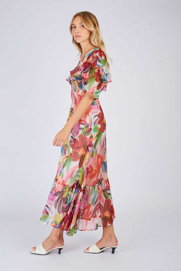 Rene Derhy Robe Longue à Volant Imprimée PISTOIA